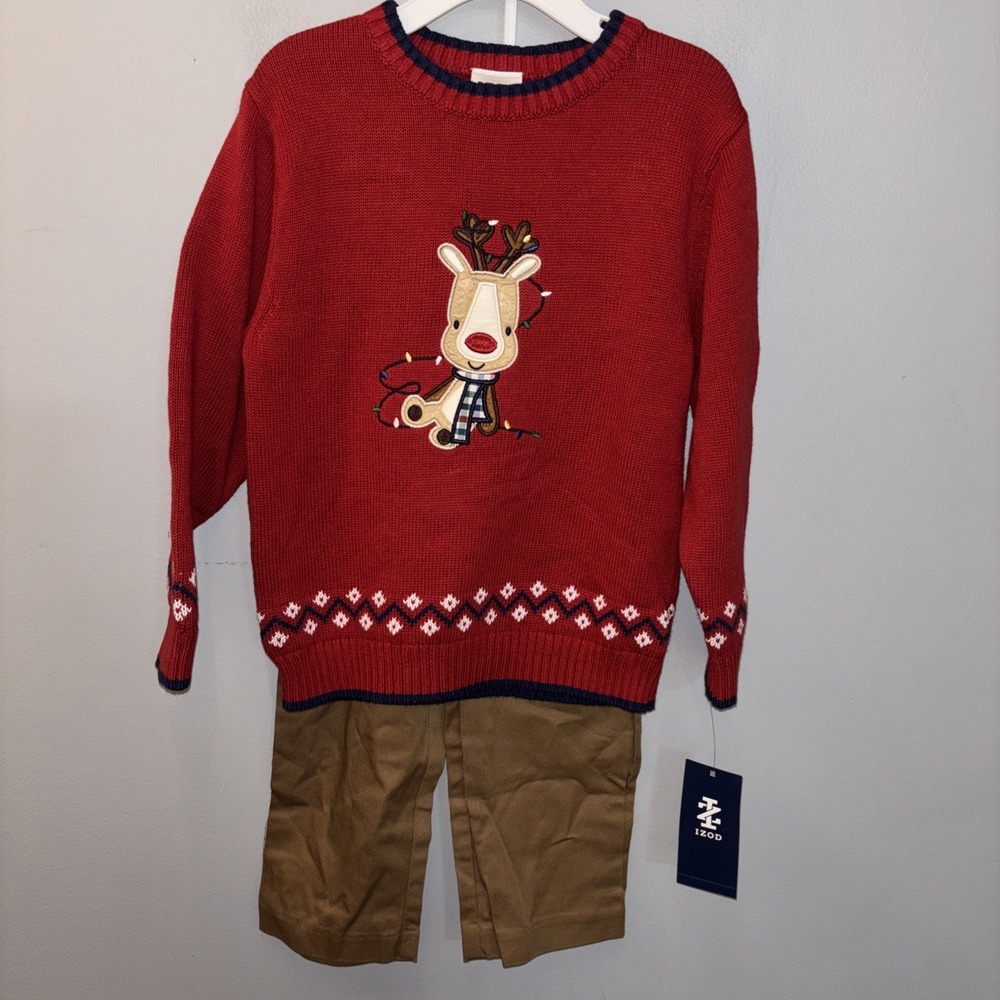 Izod Holiday Christmas 2pc Set Red Reindeer Sweater & Tan Pants Boys 4T NWT